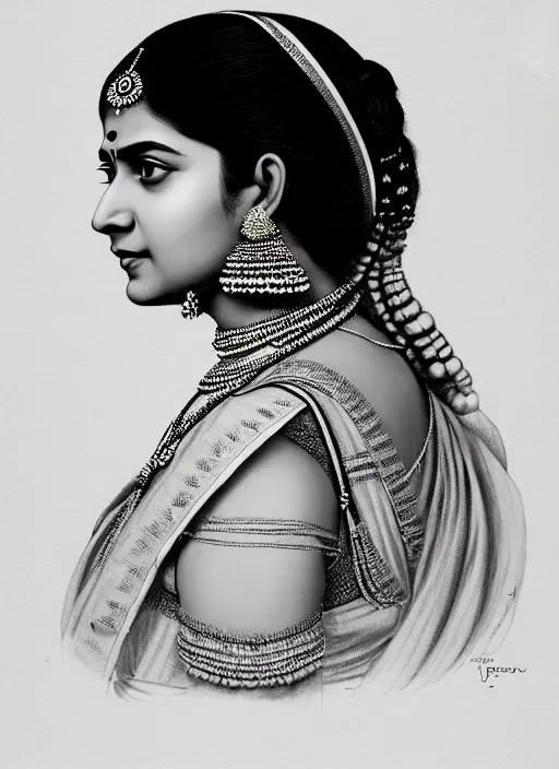 Image similar to 3 / 4 view of a portrait of an indian woman in victorian clothing, confident pose, intricate, elegant, sharp focus, illustration, highly detailed, concept art, matte, trending on artstation, anime, art by james jean and artgerm and brian despain and alberto mielgo, greg rutkowski, wlop, ilya kuvshinov, strong strokes