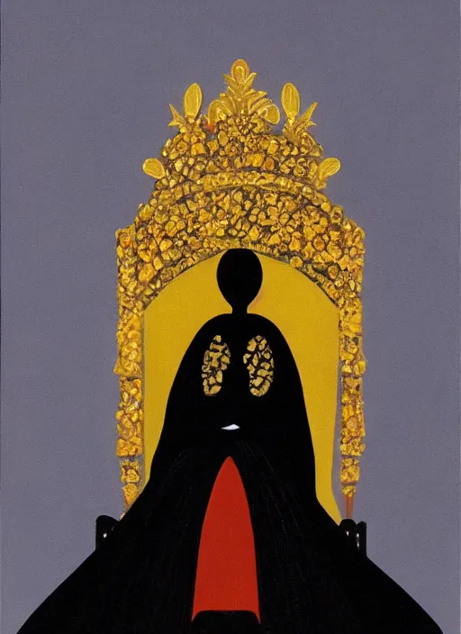 Image similar to an oil painting of a small queen in a black funeral dress sit on a throne, by eyvind earle