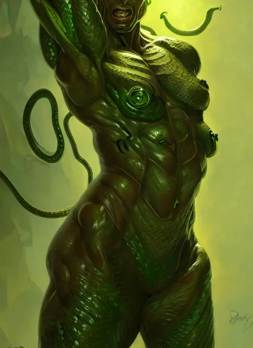 Image similar to portrait of aggressive snake humanoid, d & d, muscular!, green, fantasy, intricate, elegant, highly detailed, digital painting, artstation, concept art, smooth, sharp focus, illustration, art by artgerm and greg rutkowski and alphonse mucha