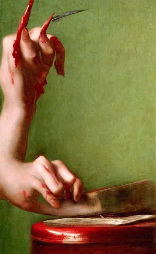 Prompt: by 1 9 th century famous painter, hands, nail polish, blood smear, blood dripping, knife, realism, realistic, oil painting, green wallpaper background