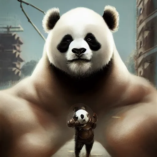Image similar to strongman panda, au naturel, hyper detailed, digital art, trending in artstation, cinematic lighting, studio quality, smooth render, unreal engine 5 rendered, octane rendered, art style by klimt and nixeu and ian sprigger and wlop and krenz cushart