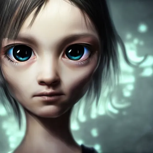 Prompt: little alien girl with big sad black eyes and dark hair, bangs cover half of her face, sci - fi, 3 d, photorealistic, ultra - details