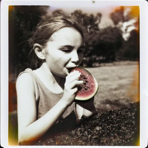 Prompt: an old and aged polaroid photograph of a young girl eating a watermelon, preserved photograph