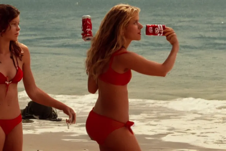 Prompt: Movie scene Coca-Cola ad Ellie Mae holding a Coca-Cola in bikini on the beach by Emmanuel Lubezki