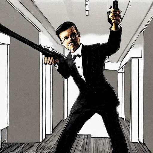 Prompt: A man in a black suit in a living room at night pointing a suppressor pistol at the camera, realistic, cinematic