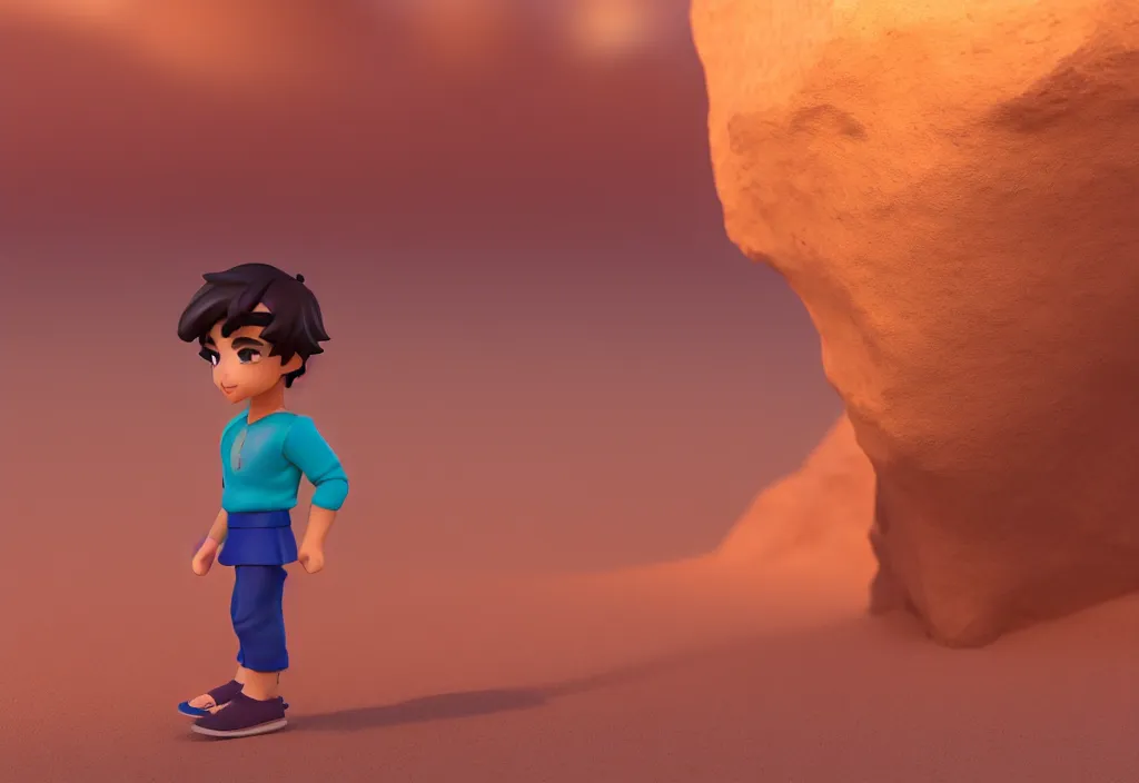 Image similar to profile view of arabic young aladdin as nendoroid walking in a desert, 8 k, hd, dof, kodak film, volumetric lighting, subsurface scattering, photorealistic, octane render