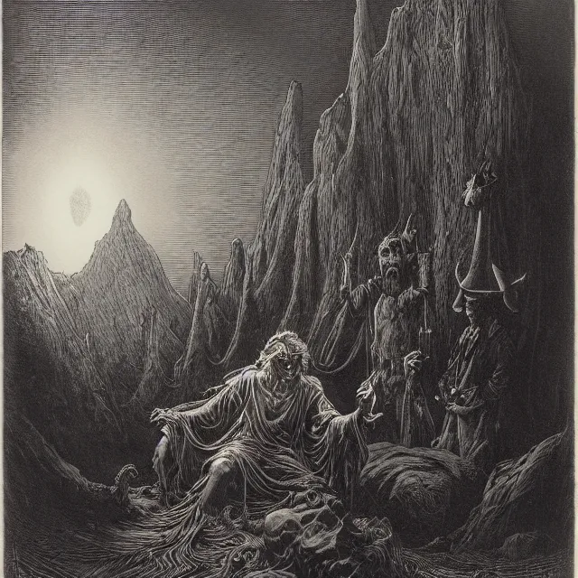 Image similar to etching by Franklin Booth and Gustav Doré showing frightened sorcerer in the desert by night, surrounded by nightmares in the shadows, mystic athmosphere, by Greg Rutkowski, deformed rocks, snakes, scorpions, UHD, 8K,