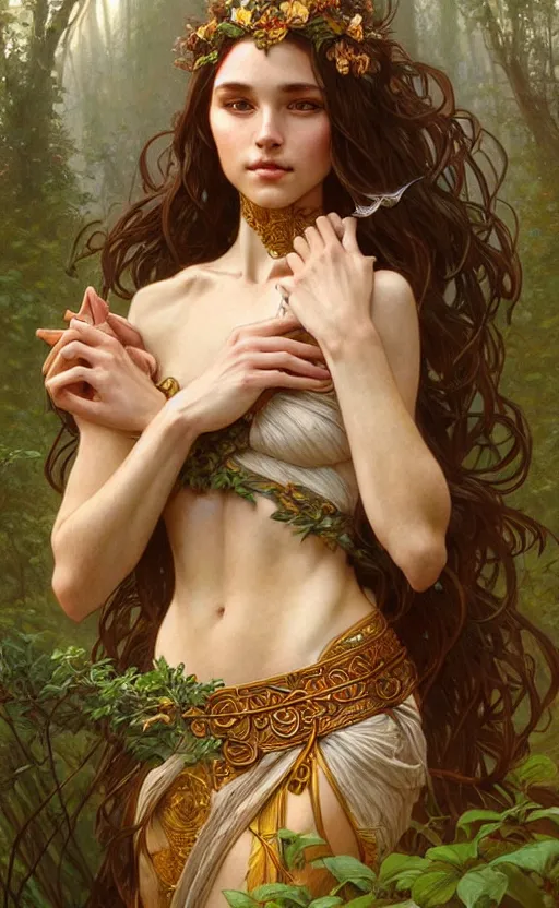 Image similar to portrait of a goddess of nature!, half body, perfect face!!, d & d, fantasy, intricate, elegant, highly detailed, digital painting, artstation, concept art, smooth, sharp focus, illustration, art by artgerm and greg rutkowski and alphonse mucha