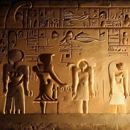 Prompt: realistic render of monsters looking at hieroglyphs, cinematic lighting