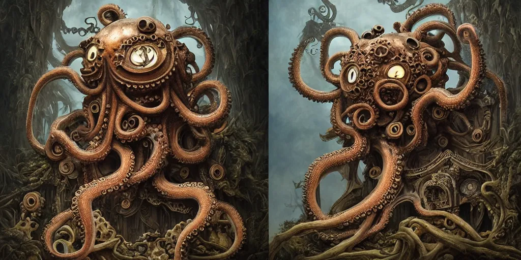 Prompt: biomechanical creature with big octopus head guarding an ancient chest in a mystic forest, gothic and baroque, brutalist architecture, ultradetailed, Intricate by Ellen Jewett and Josan Gonzalez and Giuseppe Arcimboldo