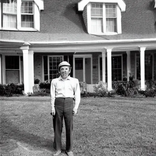 Image similar to a man stands next to the world's largest plum pudding in front of a suburban english house in the year 1 9 7 9