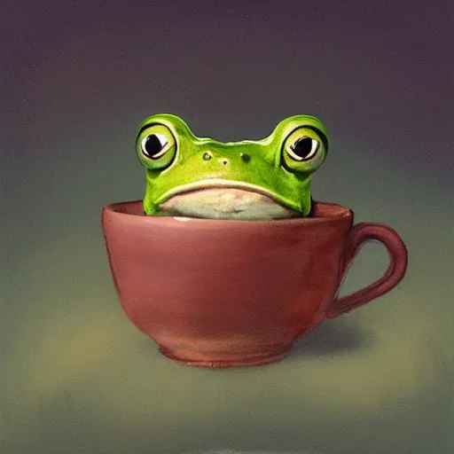 Prompt: soulful long shot of a very cute frog baby sitting in a coffee cup, by esao andrews, by m. w. kaluta, very humorous illustration, small depth of field, perspective perception, volumetric light, warm cosy colors, night scenery, low light, unreal engine 5, 8 k, conceptart, hyperdetailed, hyperrealistic, trending on artstation