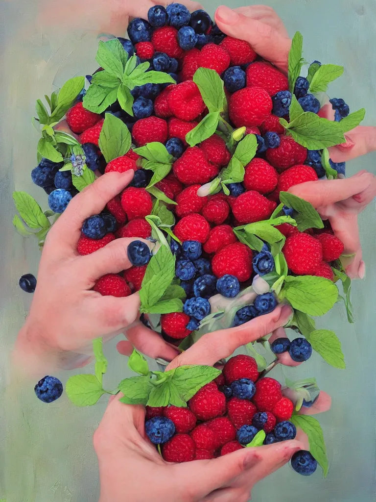 Prompt: “organic, a woman’s hands holding fresh raspberries and strawberries and blueberries, edible flowers, acrylic and spray paint and oilstick on canvas”