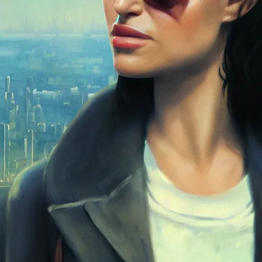 Image similar to closeup portrait of natalie portman from the movie leon the professional, matilda, hitman, city background, dramatic light, gorgeous view, depth, high detail, digital art, painted by greg rutkowski and seb mckinnon, by tim burton, trending on artstation