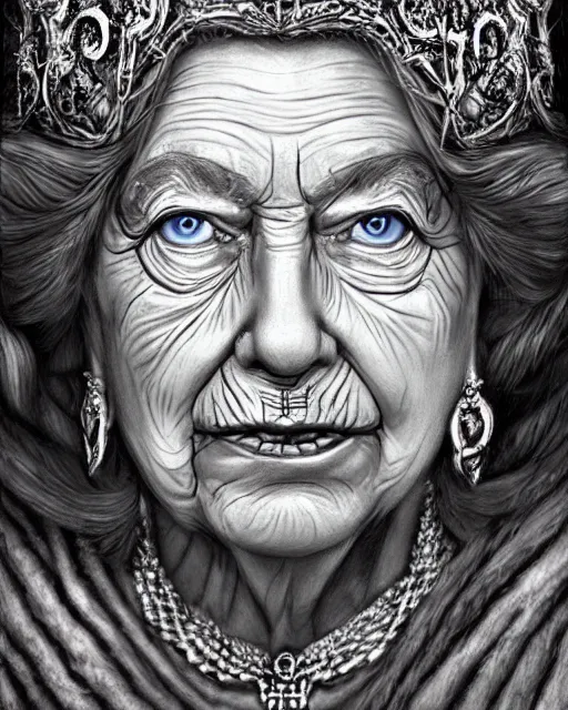 Prompt: Queen Elizabeth II as a hag witch, highly detailed face, realistic face, beautiful detailed eyes, fantasy art, illustration, epic, fantasy, intricate, hyper detailed, artstation, concept art, smooth, sharp focus, by jerad s marantz