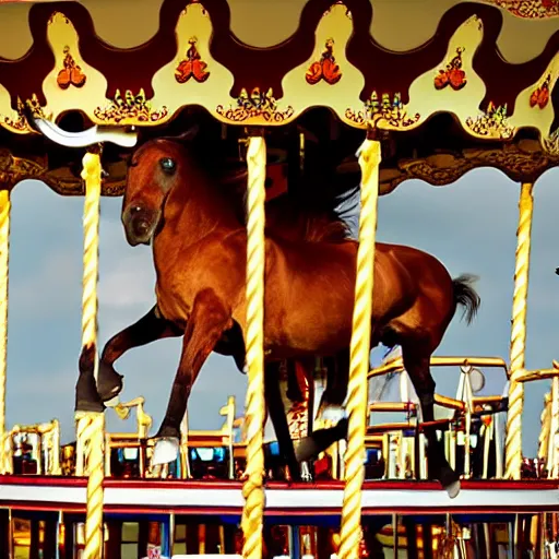 Prompt: plunger in head horse on a carousel