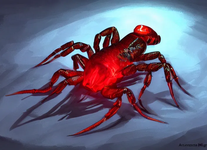 Image similar to magical scorpion with red glowing eyes, digital art, trending on artstation by Austen Menger