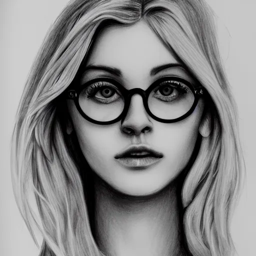 Prompt: portrait of beautiful young blonde woman with big eye-glasses, hand drawn pencil sketch, 4k
