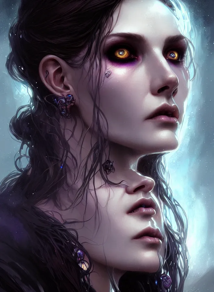 Image similar to Necromancer Sorceress face close-up macro in center, fantasy magic, undercut hairstyle, dark light night, intricate, elegant, sharp focus, illustration, highly detailed, digital painting, concept art, matte, art by WLOP and Artgerm and Greg Rutkowski and Alphonse Mucha, masterpiece