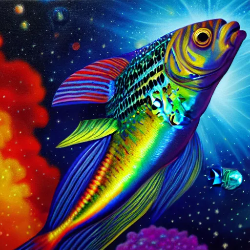 Prompt: portrait of rainbow fish in space, detailed realism face in painting, detailed beautiful portrait, oil painting masterpiece, 8 k resolution, smooth, sharp focus, trending on artstation, by rembrandt