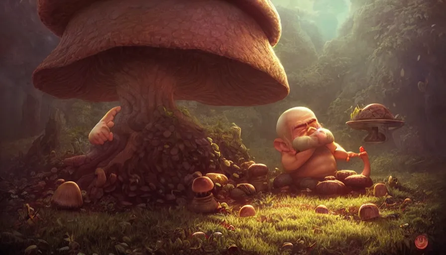 Image similar to dwarf resting under mushroom, by ilya kuvshinov, rtx rendering, octane render 1 2 8 k, maya, extreme high intricate details by tom bagshaw, medium shot, close up shot, composition by sana takeda, lighting by greg rutkowski
