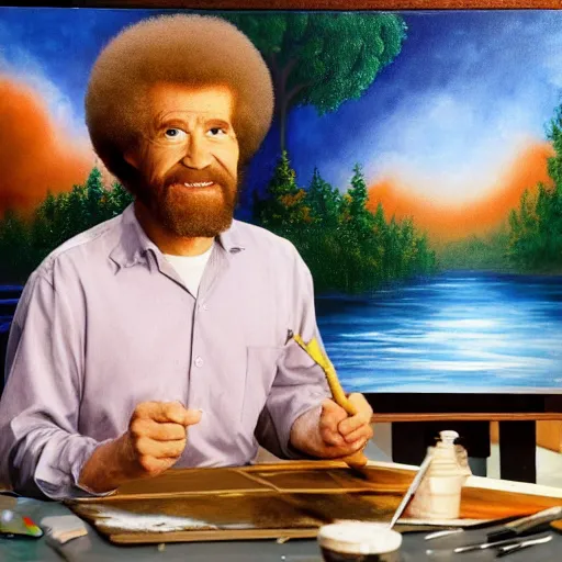Prompt: bob ross painting armageddon and screaming