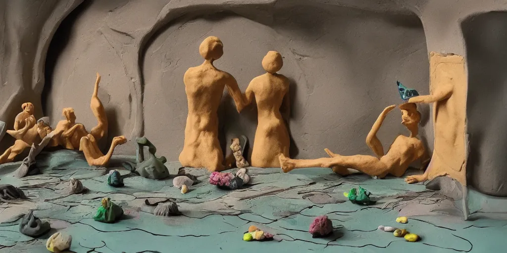 Image similar to plasticine sculpture stop motion. salvador dali clay models. john craxton. visitors. gallery painting of flower. water floor. room with a hole in wall. high detail. photorealistic