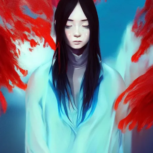 Prompt: red water swirling around rimuru tempest crying, enveloped in ghosts, sky blue straight hair, bangs, with amber eyes, black jacket, high collar, ultra fine detaile, dark theme, digital painting, psychedelic, cinematic, wlop, pixiv, ilya kuvshinov, ross tran