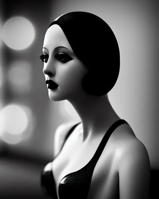 Image similar to black and white dreamy young beautiful female artificial intelligence, metropolis, cinematic, rim light, bokeh, photo - realistic, elegant, high detail, 8 k, masterpiece, photo taken in 1 9 3 0