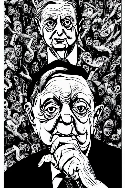 Prompt: George Soros full body portrait, body horror, black and white Illustration by Junji Ito