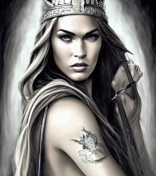 Image similar to portrait of megan fox as beautiful aphrodite goddess as an archer, arrow crown, beautiful piercing eyes, flowing blonde hair, realistic face, black and white drawing, in the style of greg rutkowski, fantasy, amazing detail, epic, intricate, elegant, smooth, sharp focus