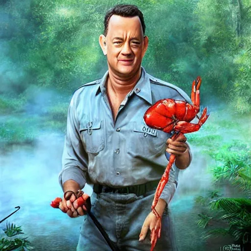 Image similar to Tom Hanks as forrest holding a giant shrimp on a stick over a campfire in the jungle, realistic digital painting, in the style of Aleksi Briclot, photoreailstic, realistic face, amazing detail, sharp