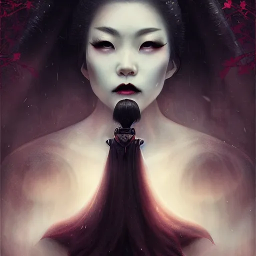 Prompt: Portrait of a riveting Japanese vampire woman!, atmospheric lighting, gothic makeup, intricate, Transylvanian castle, volumetric lighting, beautiful, starlit sky, sharp focus, ultra-detailed, by Tom Bagshaw Leesha Hannigan, Ross Tran, Thierry Doizon, Kai Carpenter, Ignacio Fernández Ríos