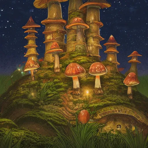 Image similar to highly detailed illustration of a mushroom castle at night, studio ghibli, ultra realistic, 4 k resolution, artstation