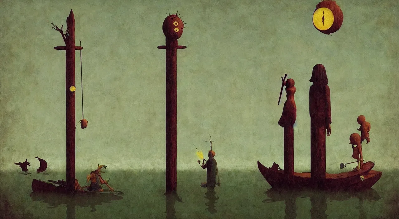 Image similar to single flooded simple!! wooden totem!! pole, very coherent and colorful high contrast masterpiece by norman rockwell franz sedlacek hieronymus bosch dean ellis simon stalenhag rene magritte gediminas pranckevicius, dark shadows, sunny day, hard lighting