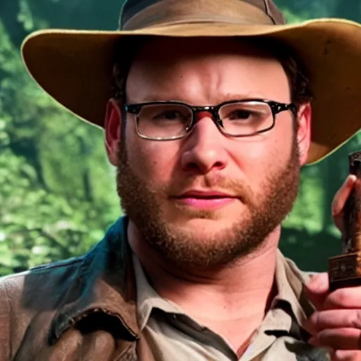 Image similar to Seth Rogen as indiana jones in raiders of the lost ark, 8k resolution, full HD, cinematic lighting, award winning, anatomically correct