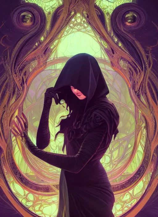 Image similar to book cover, front portrait, dark witch with black hood and evil eyes, realism, soft, smooth, luminescent, art nouveau tarot, backlit glow, colorful swirly ripples, gaudy colors, aesthetic octane render, unreal engine, 8 k, by artgerm, greg rutkowski, alphonse mucha