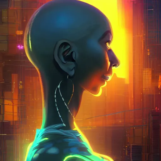 Prompt: bald afro - cyberpunk man with a goatee, manifesting dreams with ancestral magic in a modern world | hyperrealistic oil painting | by makoto shinkai, ilya kuvshinov, lois van baarle, rossdraws, basquiat | afrofuturism, in the style of surrealism, trending on artstation | dark color scheme
