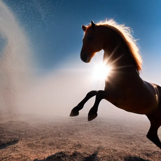 Image similar to horse jumping in heavy pyroclastic flow with dense fog and sun rays. wide angle lens. 4 k