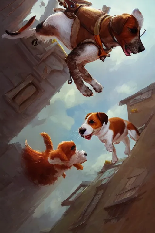 Prompt: adorable jack russel terrier jumping over a small house, extreme wide angle, fantasy art, artstation character design contest winner, trending on cgsociety, concept art, speedpaint, beautiful digital art, jesper ejsing, james jean, justin gerard, fenghua zhong, makoto shinkai, highly detailed