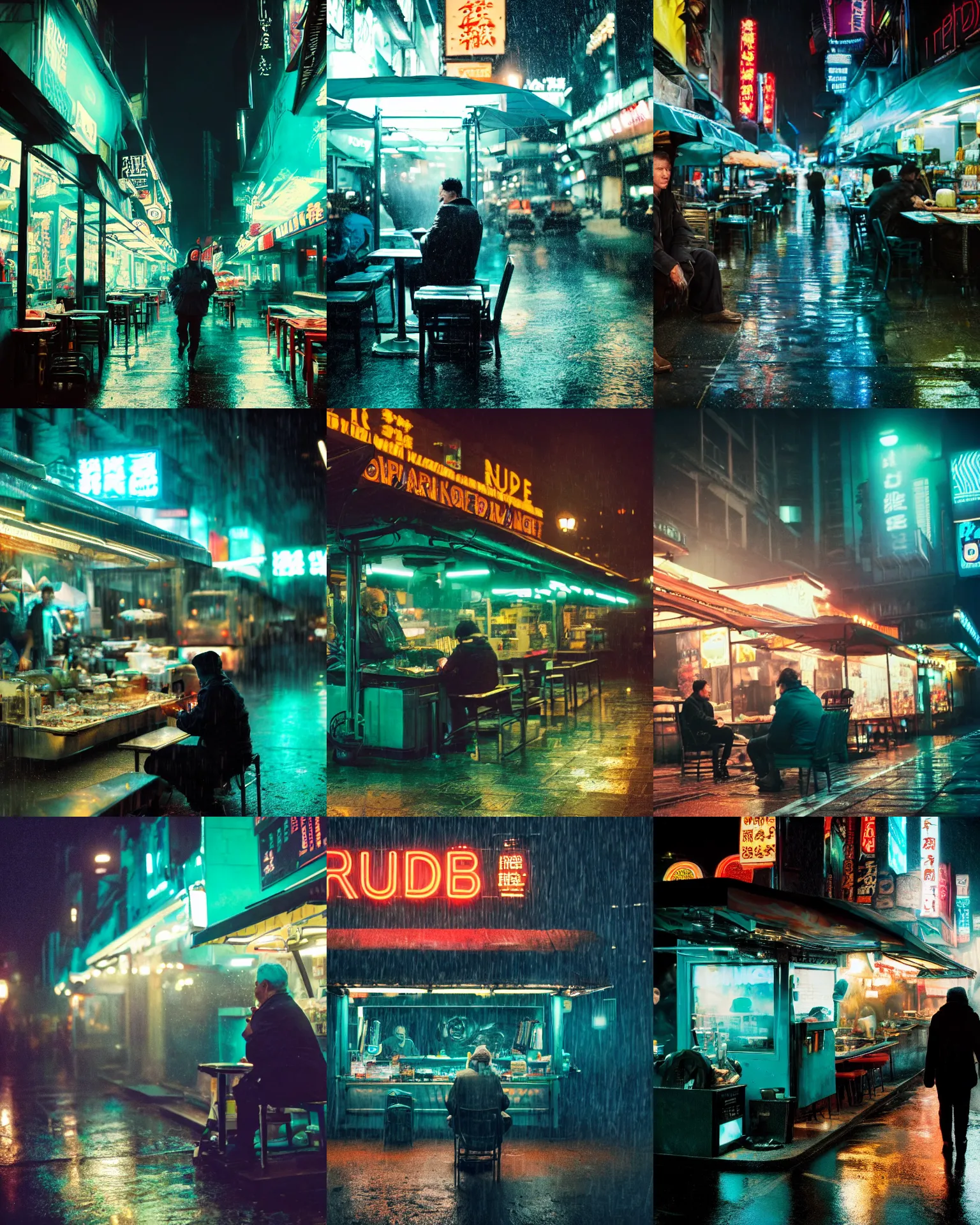 Prompt: blade runner movie still of a customer sitting at an outdoor noodle stand, rack focus, close establishing shot, rainy night, monochromatic teal, steamy, desaturated colors, dark teal lighting, soft dramatic lighting, 4 k digital camera