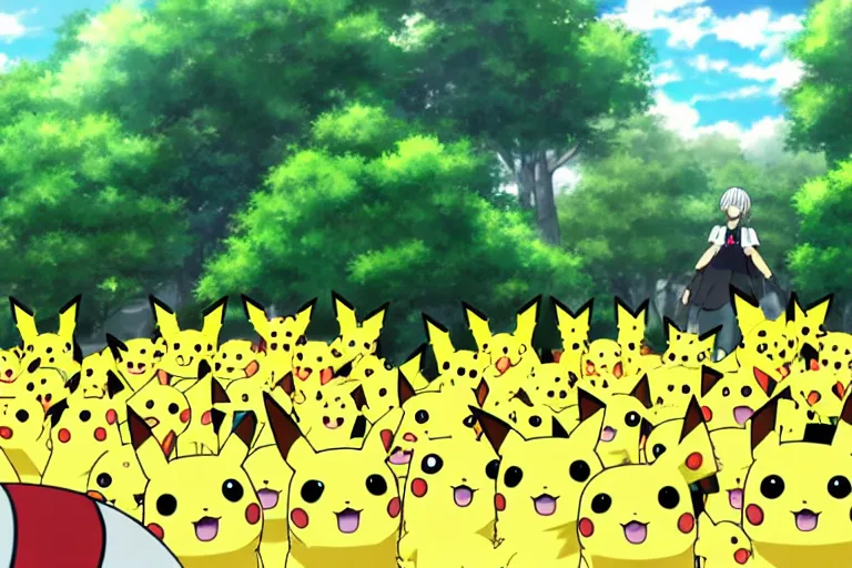 Image similar to an anime forest full of Pikachu