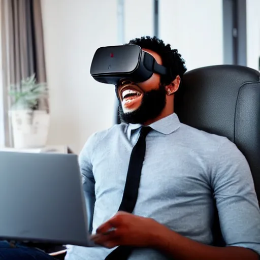 Image similar to A black man with black hair wearing a vr headset, smiling, realistic, ultra HD