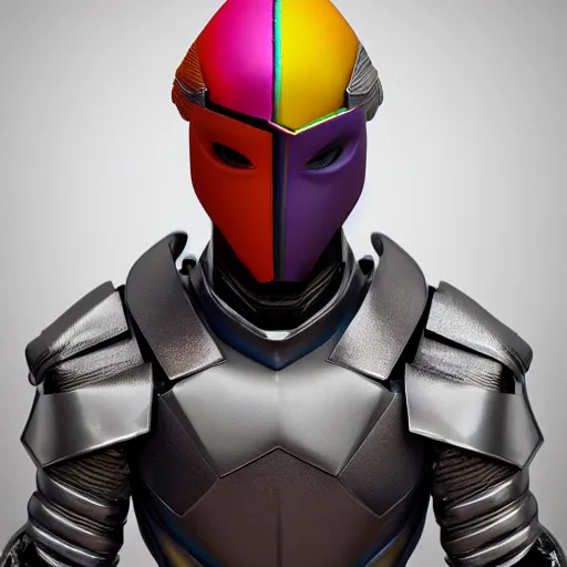 Image similar to hyperrealistic 3 d render of a colorful bust of knight with futuristic fashion elements created by ludvig holmen, brilliantly colored, kingdoms of ether, octane render, 3 d animated, unreal engine 5, volumetric lighting, hdr, cinematic atmosphere, smooth surface, 8 k