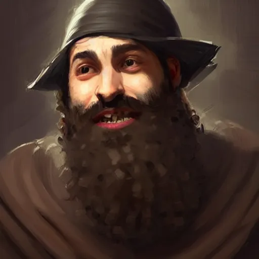 Image similar to a portrait of a happy merchant jew wearing kippah!!!, rubbing hands!!!, evil, tricky, black curly beard, black curly hair, black eyes, hooked nose, by greg rutkowski, artstation, by artgerm, by wlop