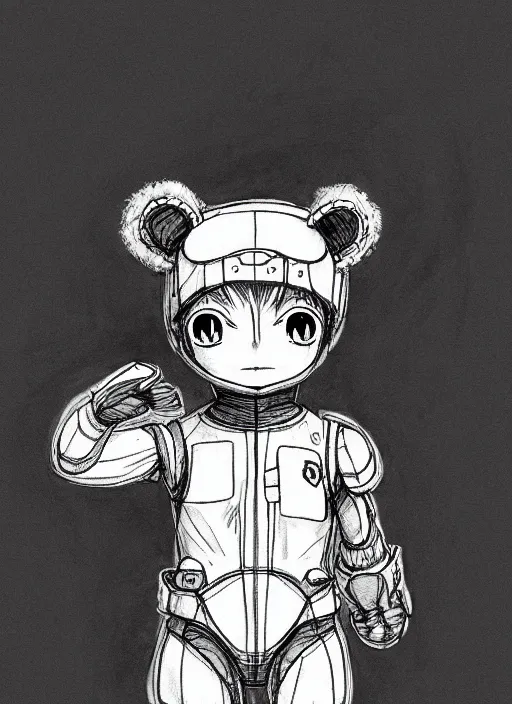 Image similar to beautiful little boy wearing an cyborg bear suit, artwork in kentaro miura and made in abyss and rosdraws, smooth, beautiful lightness, anatomically correct, trending on pixiv, forest