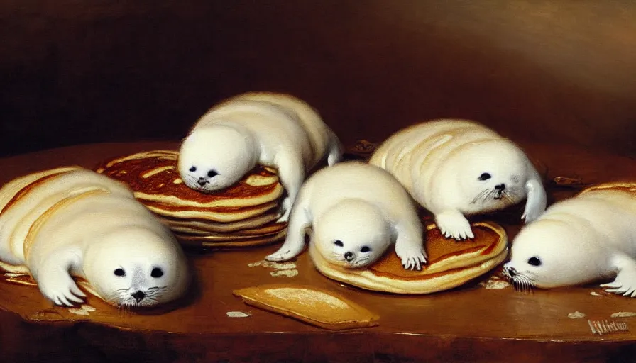 Prompt: highly detailed painting of cute furry white baby seals in a pile of pancakes on a table by william turner, by greg rutkowski, by william constable, thick brush strokes and visible paint layers, 4 k resolution