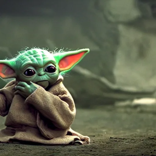 Prompt: a film still of baby yoda grown up and he is dying in battle in star wars realistic, detailed