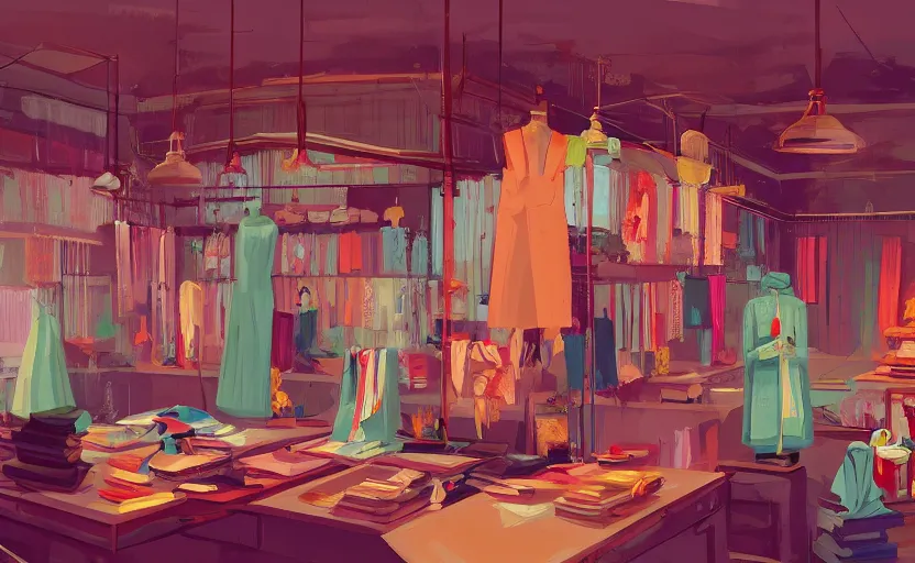 Prompt: interior of an indian tailor shop, james gilleard, print, game art