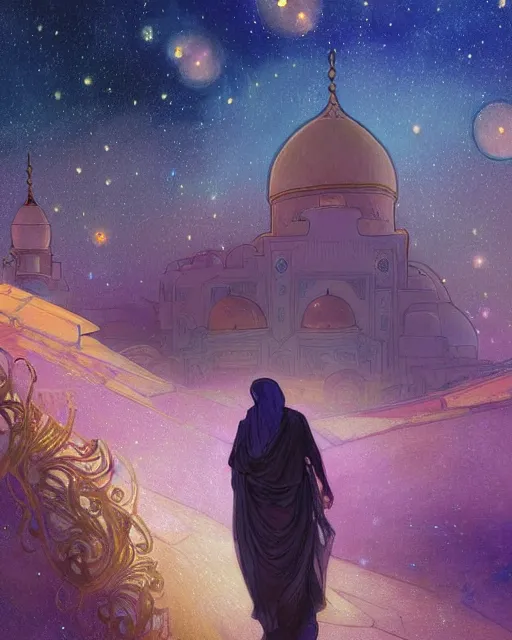 Image similar to bedouin in galaxy walking towards mosque surrounded by nebula, highly detailed, gold filigree, romantic storybook fantasy, soft cinematic lighting, award, disney concept art watercolor illustration by mandy jurgens and alphonse mucha and alena aenami, pastel color palette, featured on artstation